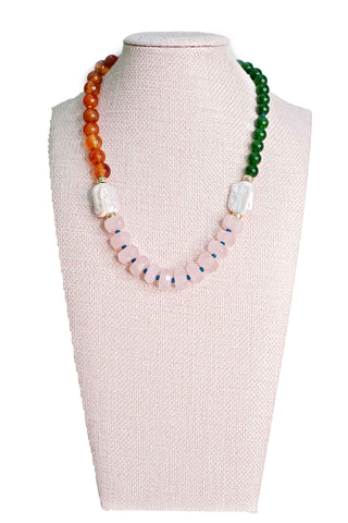 Knotty Bling jade triple block necklace featuring jade green, amber and coral beads with white pearl accents and blush pink center section in gradient design