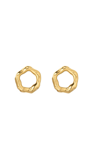 Pair of gold organic-shaped stud earrings with irregular textured outline and sculptural form