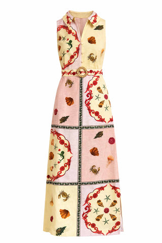 Women's Maxi Dress in Patchwork Print in Pastel Colors with Shell and Sea Life. Anna Cate Jill Midi in Blush Shell