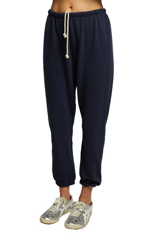 Perfect White Tee Johnny French Terry Easy Sweatpants in Navy. Navy blue French terry sweatpants with elastic waistband, rope drawstring, and cuffed ankles
