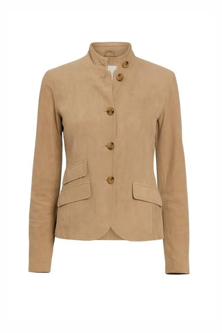 Drew Jordan Blazer in Camel Camel colored tailored blazer with stand collar, gold buttons, and front pockets