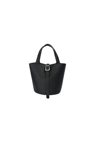 Remi Reid Joya Bucket Mini Bag in Black. Black pebbled faux leather mini bucket bag with double handles and silver buckle closure