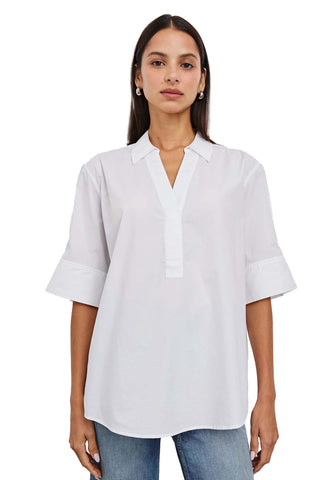 crisp white popover shirt with collar, three-quarter sleeves, and relaxed fit. Rails Juda Top in White. 