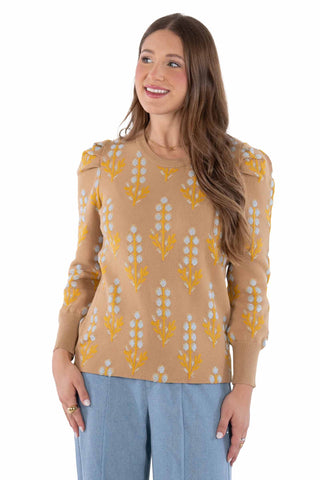 Emily McCarthy Julia Sweater in Bluebonnet. Blue sweater with raised dimensional floral petal texture, puff sleeves, round neckline, and ribbed trim