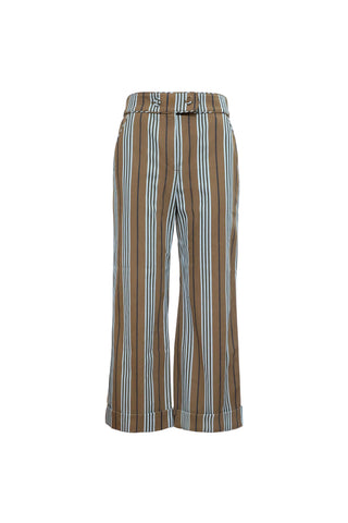 A pair of wide-leg cropped trousers featuring vertical stripes in brown, beige, white, and light blue, displayed on a clean white background.