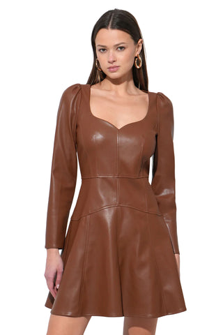 Adelyn Rae Kaleen faux leather mini dress in brown featuring sweetheart neckline, puff sleeves and structured fit-and-flare silhouette