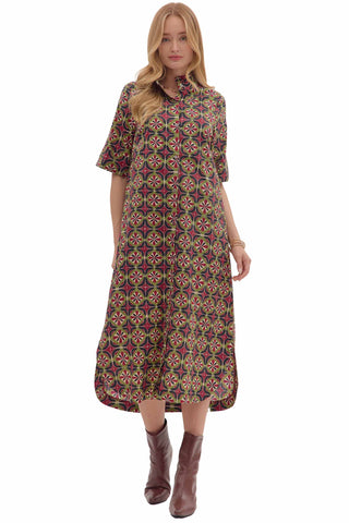 Wine burgundy midi shirt dress with colorful geometric medallion print, collar, button front, flutter sleeves