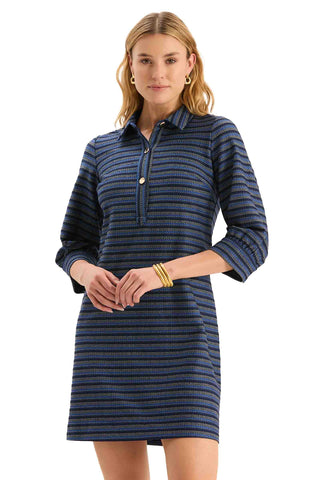 Tyler Boe Kat Knit Dress in Navy Royal. Navy and blue striped knit dress with collar and button front detail