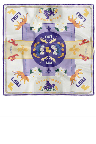 Saturday Silks LSU Tigers scarf featuring purple and gold colors with magnolia blossoms, crawfish, fleur-de-lis motifs and rope border for team spirit fashion