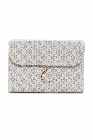 TRVL LUXE ANTIBES hanging toiletry bag in floral print with navy pinstripe interior lining, multiple compartments and hanging hook for travel organization