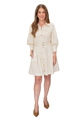 THML Lauren Button Up Dress in Cream. Cream colored button-front shirt dress with collar, blouson sleeves, belted waist, and tiered skirt