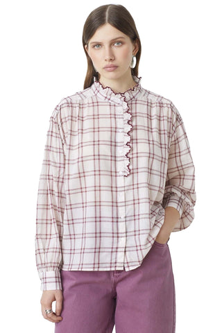 Suncoo Lea Blouse - Nude. Checkered Blouse with ruffle neckline
