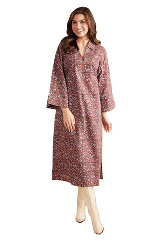 Double A Lee Dress in Climbing Floral. Pink and mauve floral print midi dress with kimono sleeves and collar