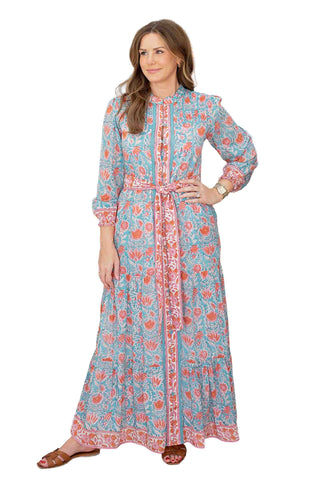 Salrosa Lia maxi dress in mint green with coral pink floral print featuring long sleeves, tiered hem, paisley trim and tie belt for summer fashion