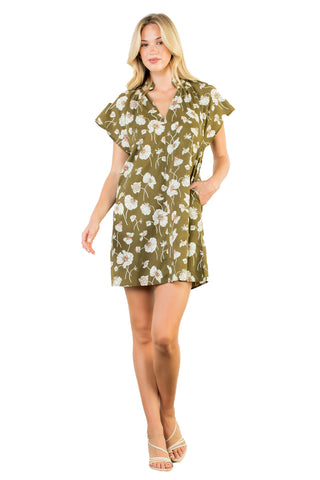 THML Lily Short Sleeve Floral V-Neck Dress. Olive green dress with white floral print featuring V-neck, flutter sleeves, and relaxed fit 