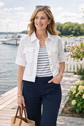 Woman in a white jacket and striped shirt standing by a waterfront with boats and greenery.