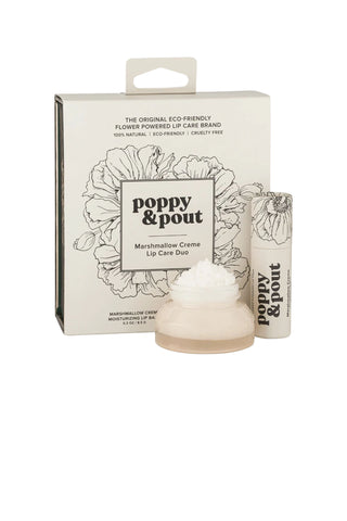 Poppy & Pout lip care gift set with marshmallow creme lip balm and scrub in cream-colored packaging with floral design