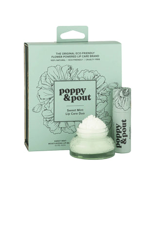 Poppy & Pout sweet mint lip care gift set in soft mint green packaging with floral design, featuring lip balm and scrub