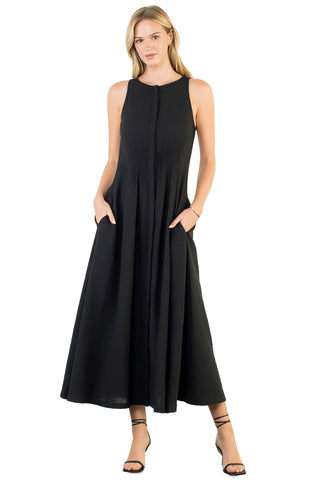 THML Black sleeveless maxi dress with pleated neckline detail, A-line silhouette, and pockets 