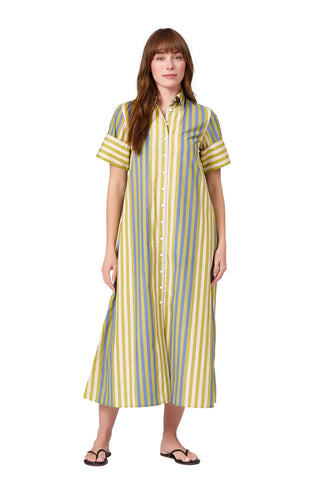 midi-length shirt dress with green, blue and white vertical stripes, featuring collar, short sleeves, and full button front closure. Livro Gibbons Dress in Chartreuse Stripes. 