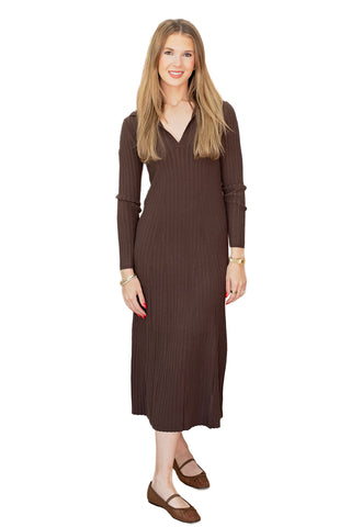 Lilla P long sleeve rib henley dress in mink brown featuring V-neck button detail and midi length for comfortable women's fashion