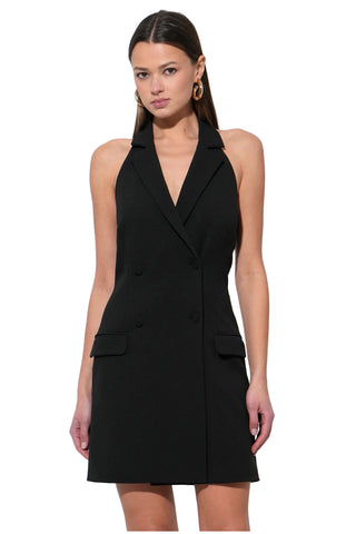 Adelyn Rae Lucy sleeveless vest mini dress in black featuring double-breasted tuxedo styling with lapels and halter neckline design