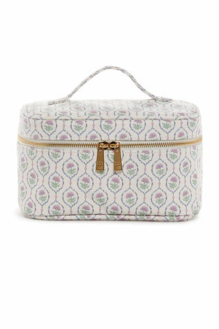 TRVL LUXE ANTIBES Train 2 cosmetic bag in floral print with navy pinstripe interior, multiple compartments and removable divider for makeup organization