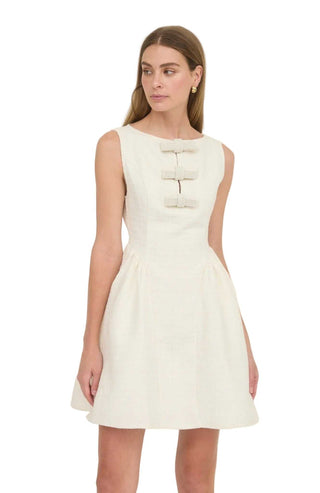 Moon River Sleeveless Tweed Beaded Bow Mini Dress