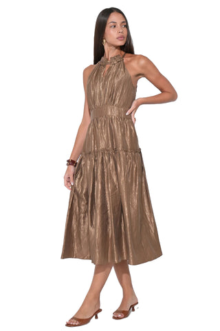 Adelyn Rae Margaret Halter Midi Dress in Mocha. mocha metallic halter midi dress with gathered neckline, fitted waist, and tiered skirt