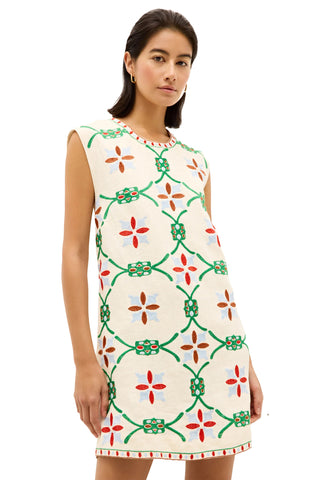 Marie Oliver Yvette Shift Dress in Cream Linen with Green, Red, and Light Blue Embroidery