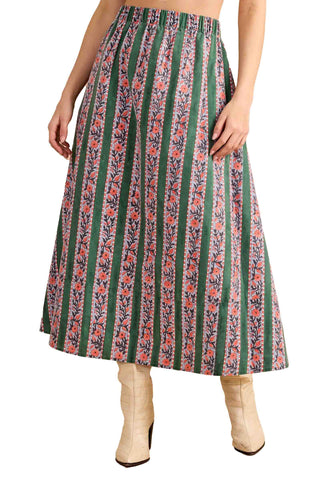 Green and coral floral striped maxi skirt with elastic waist and A-line silhouette