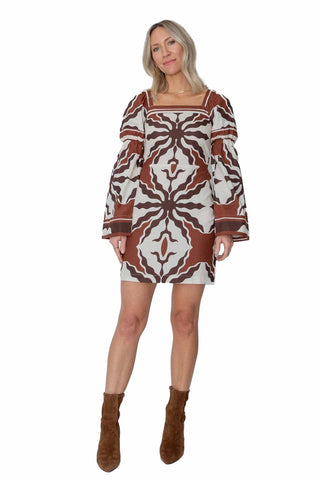 West Of Martine Dress cream and rust geometric print mini dress with square neckline and flared long sleeves