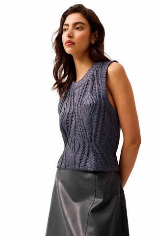 Marie Oliver McGuire Top in Navy. blue sleeveless knit top with metallic foil finish and cable knit pattern, featuring crew neckline and relaxed fit
