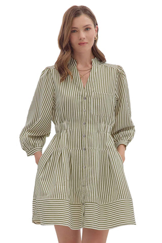Entro Melanie Dress in Olive. Olive green and cream striped button-front shirt dress with collar, tiered skirt, and rolled sleeves 