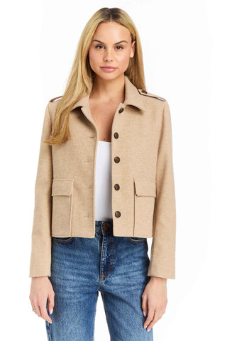 Drew Minty Jacket in Coffee. beige cropped military-style jacket with collar, button front, and flap pockets