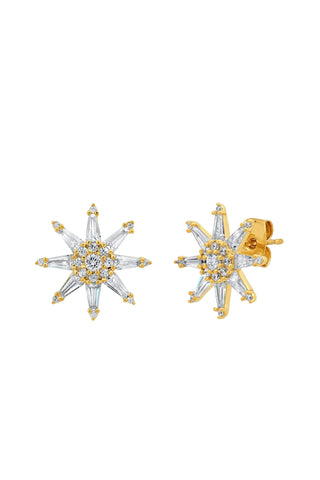 Tai Jewelry Twinkling Star Baguette CZ Studs. Gold star-shaped stud earrings with clear baguette-cut crystals forming radiating points and round crystals clustered in center