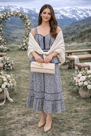 Woman in a blue dress with a white shawl standing outdoors with mountains in the background