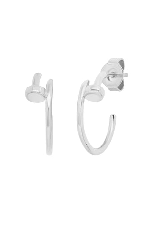 Small silver hoop earrings with modern spike or nail detail accent on delicate circular hoop in polished silver finish
