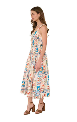 Nautical Sweetheart Neck Shirred Waist Midi Dress - Beige Multi Dresses Moon River Monkee's of The Woodlands