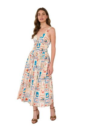 Nautical Sweetheart Neck Shirred Waist Midi Dress - Beige Multi Dresses Moon River Monkee's of The Woodlands