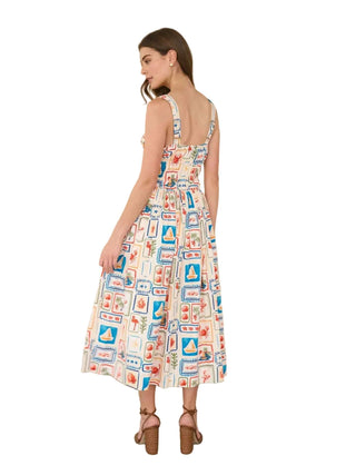 Nautical Sweetheart Neck Shirred Waist Midi Dress - Beige Multi Dresses Moon River Monkee's of The Woodlands