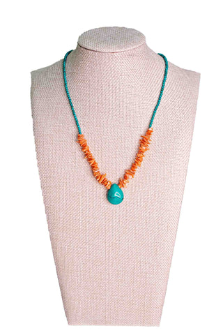 Andrea Barnett one-of-a-kind Navajo turquoise teardrop necklace with vintage pink coral flakes and 3mm turquoise beads in Southwestern design