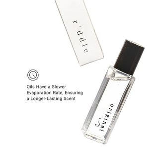 Perfume bottle with black cap and white label on a white background