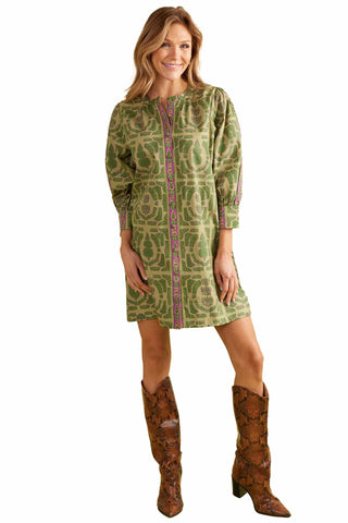 Double A Paloma dress in topiary green paisley print featuring pink embroidered trim details, three-quarter sleeves and relaxed knee-length silhouette for bohemian fashion