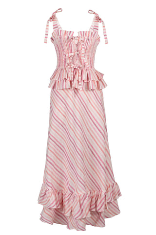 CeliaB Paula Dress. Long Pink and Purple Stripe Maxi with Ruffles and Bows