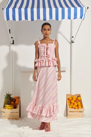 CeliaB Paula Dress. Long Pink and Purple Stripe Maxi with Ruffles and Bows