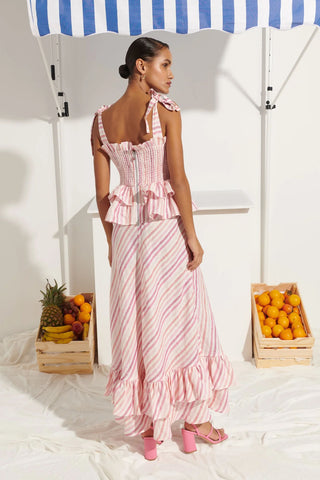 CeliaB Paula Dress. Long Pink and Purple Stripe Maxi with Ruffles and Bows