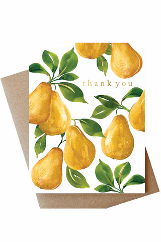 Hand-painted watercolor greeting card featuring golden pears with green leaves and "thank you" message, A2 size with gold foil accents and kraft envelope