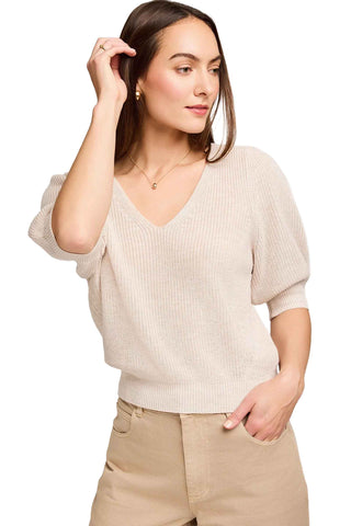 Gentle Fawn Phoebe sweater with puff sleeves and V-neckline in super soft knit in Heather Oatmeal