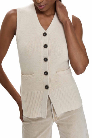 Pistola Audra Vest. Cream ribbed knit sleeveless vest with V-neck, button front closure, and two front pockets